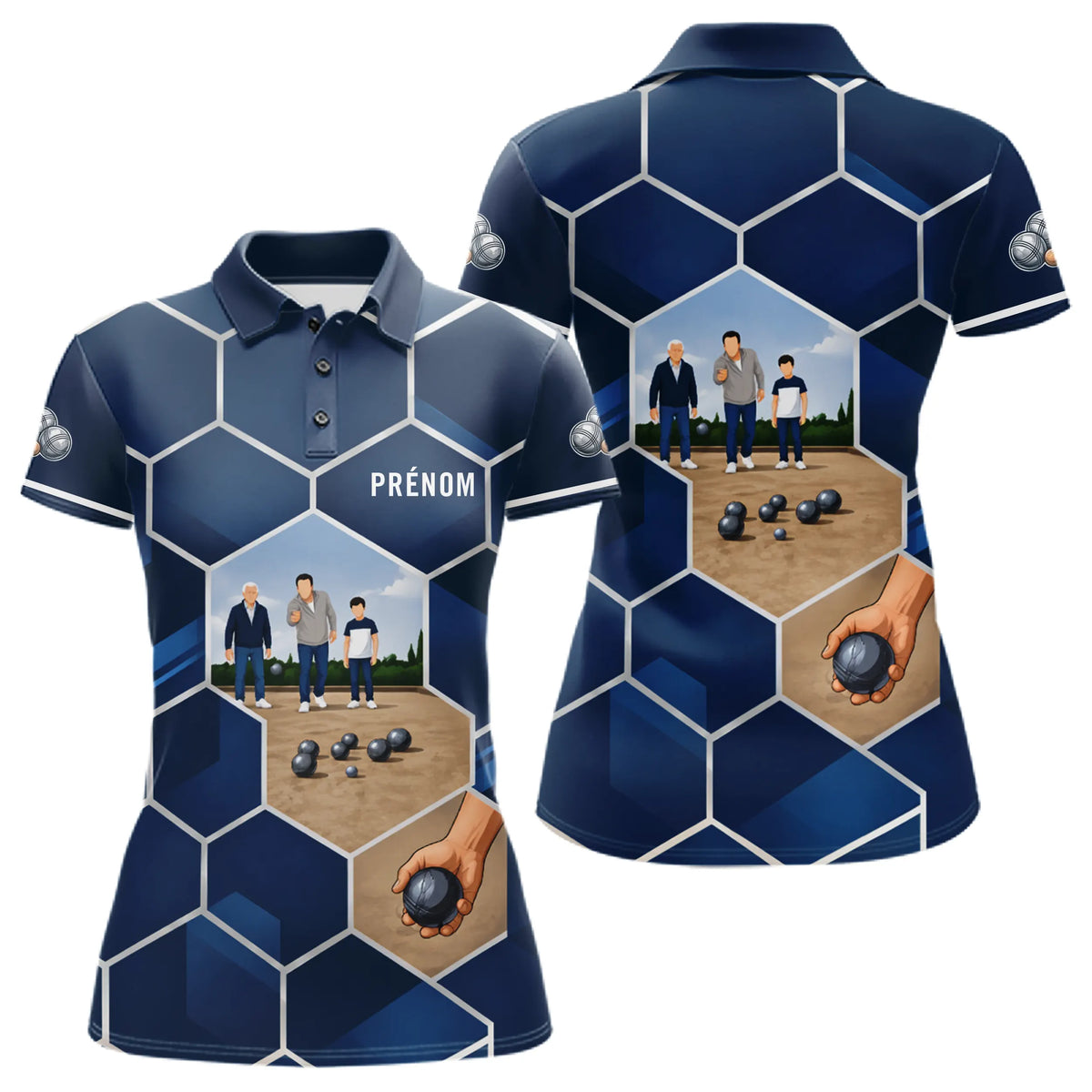 Polo Pétanque Passion Boules Bleu - Motifs Géométriques Prénom - Polo Femme