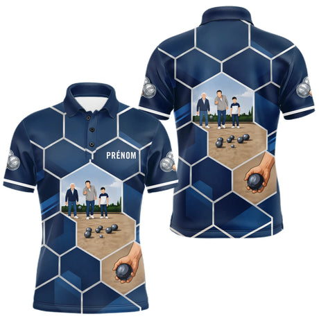 Polo Pétanque Passion Boules Bleu - Motifs Géométriques Prénom - Polo Homme