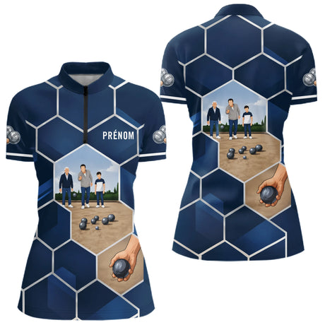 Polo Pétanque Passion Boules Bleu - Motifs Géométriques Prénom - Polo Zippé Femme