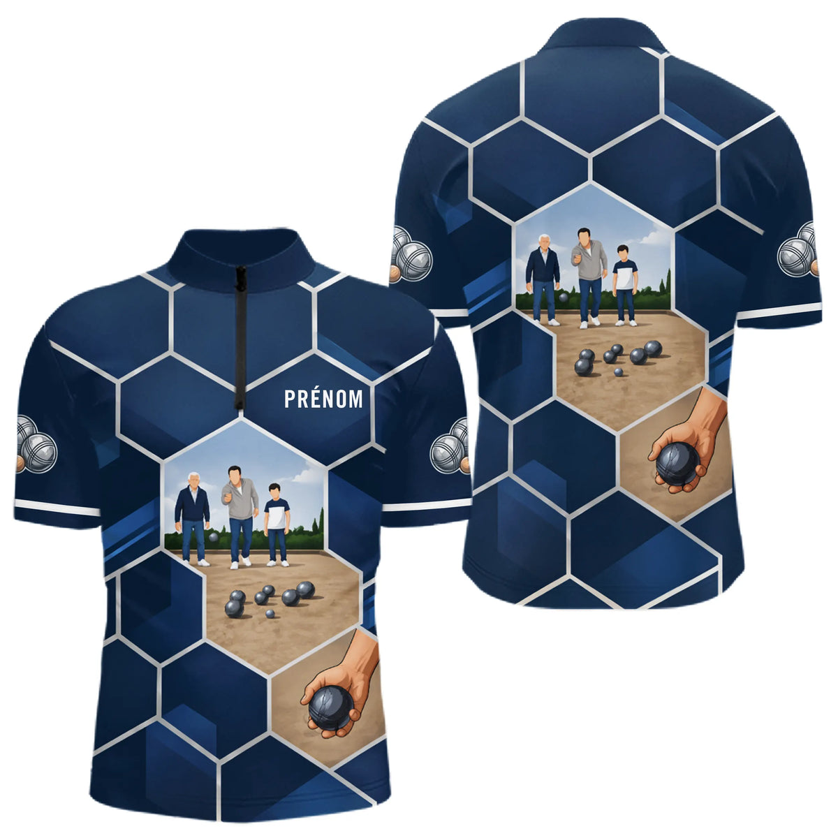 Polo Pétanque Passion Boules Bleu - Motifs Géométriques Prénom - Polo Zippé Homme