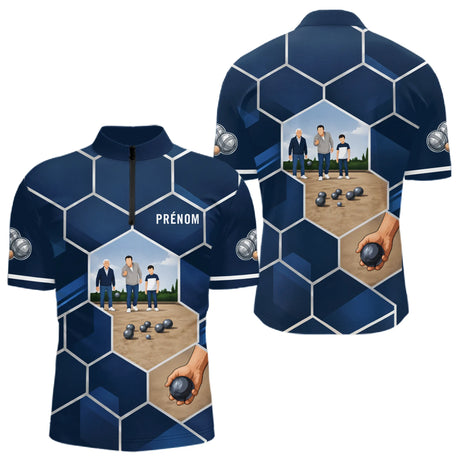 Polo Pétanque Passion Boules Bleu - Motifs Géométriques Prénom - Polo Zippé Homme