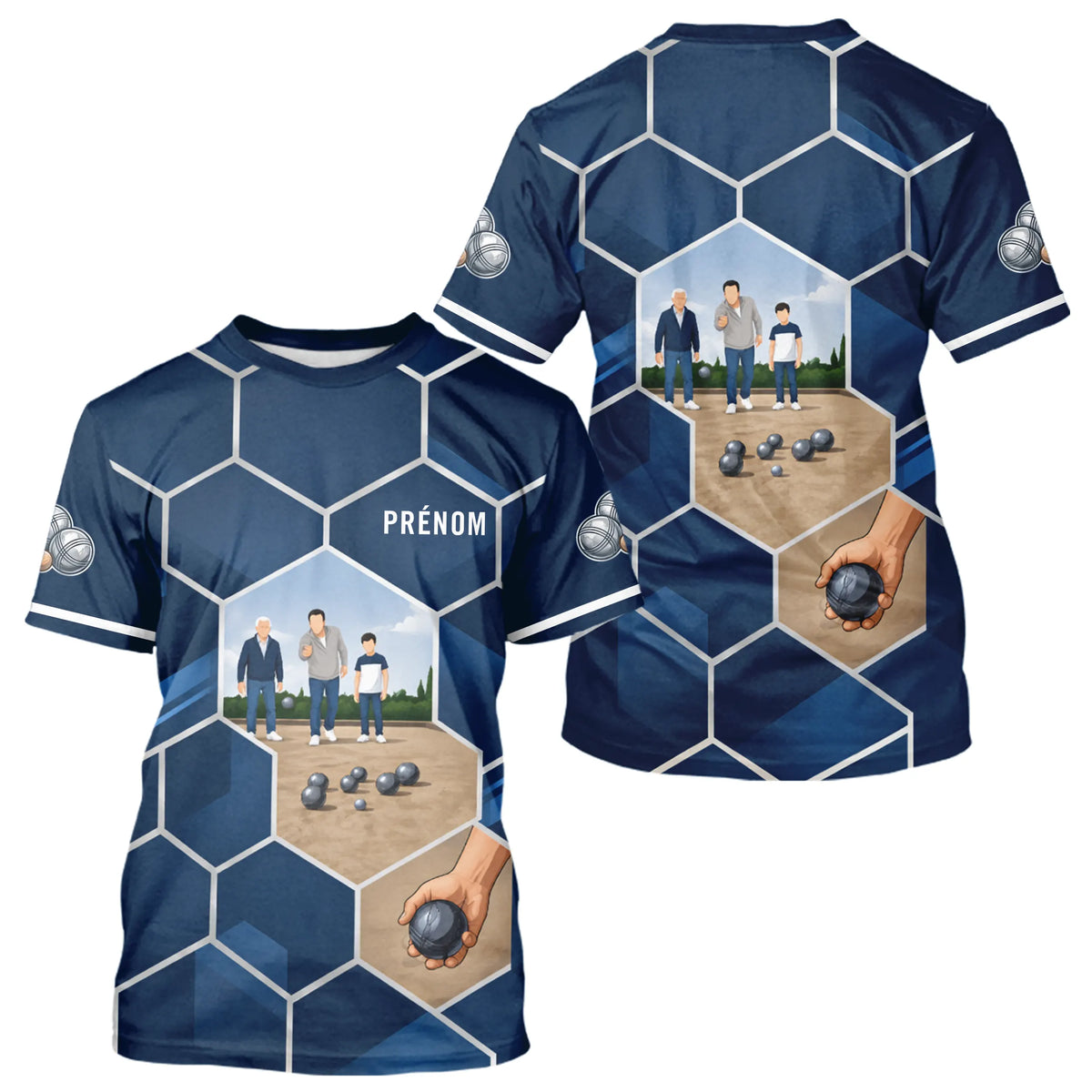Polo Pétanque Passion Boules Bleu - Motifs Géométriques Prénom - T-Shirt Homme