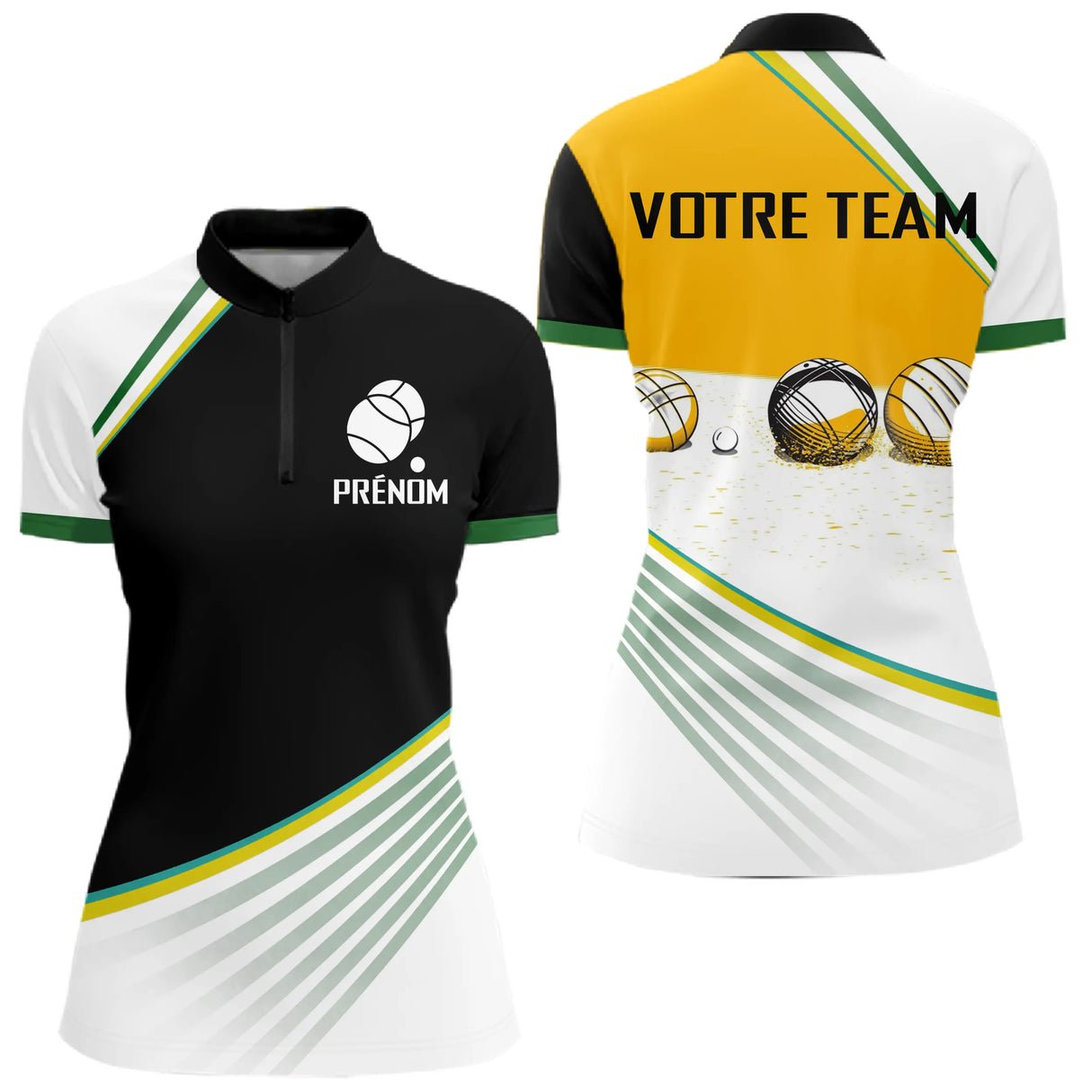 Polo Pétanque Performance - Design Sportif Jaune Blanc - Polo Zippé Femme