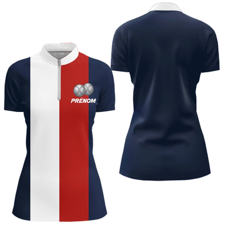 Polo Pétanque Personalise - Design Vector Tricolore Prenom - Polo Zippé Femme