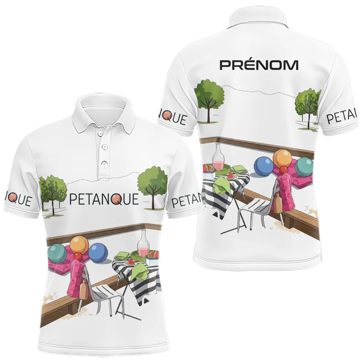 Polo Pétanque Personnalisé - Blanc Décor Apéro & Prénom - Polo Homme