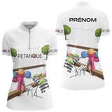 Polo Pétanque Personnalisé - Blanc Décor Apéro & Prénom - Polo Zippé Femme