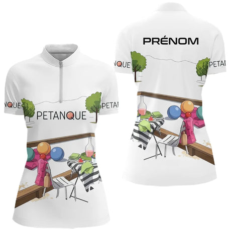 Polo Pétanque Personnalisé - Blanc Décor Apéro & Prénom - Polo Zippé Femme