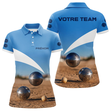 Polo Pétanque Personnalisé - Bleu & Beige Équipe & Prénom - Polo Femme