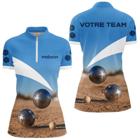 Polo Pétanque Personnalisé - Bleu & Beige Équipe & Prénom - Polo Zippé Femme