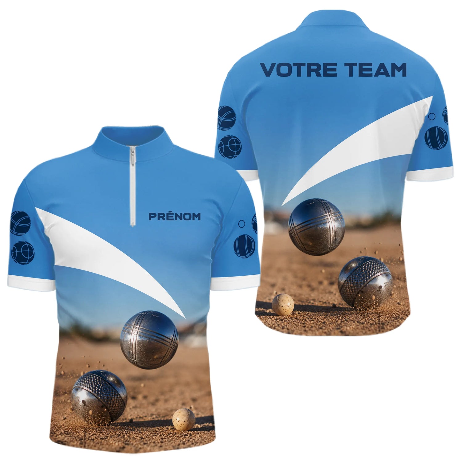 Polo Pétanque Personnalisé - Bleu & Beige Équipe & Prénom - Polo Zippé Homme