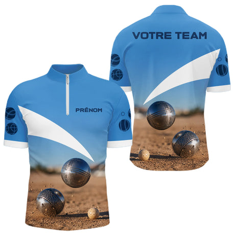 Polo Pétanque Personnalisé - Bleu & Beige Équipe & Prénom - Polo Zippé Homme