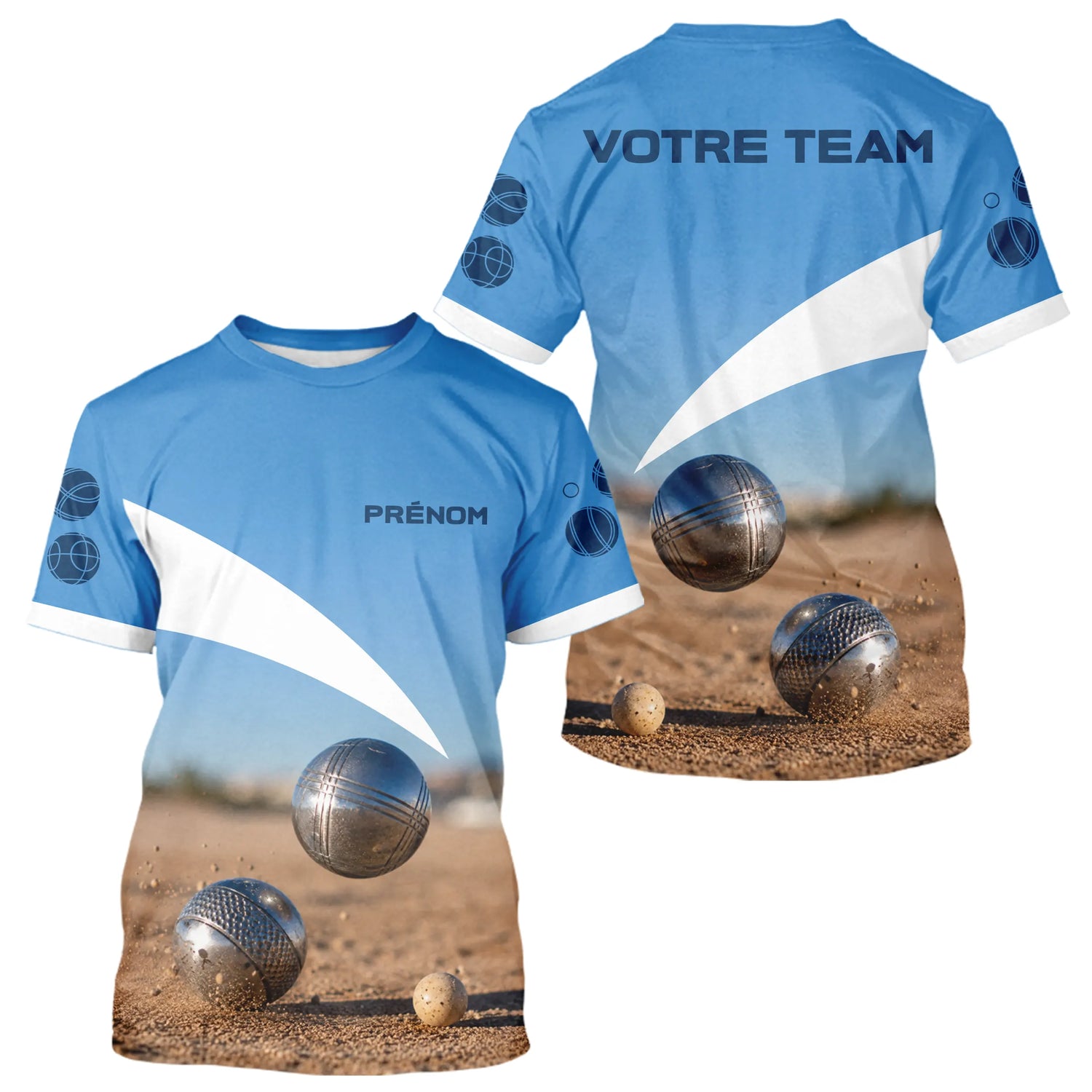 Polo Pétanque Personnalisé - Bleu & Beige Équipe & Prénom - T-Shirt Homme