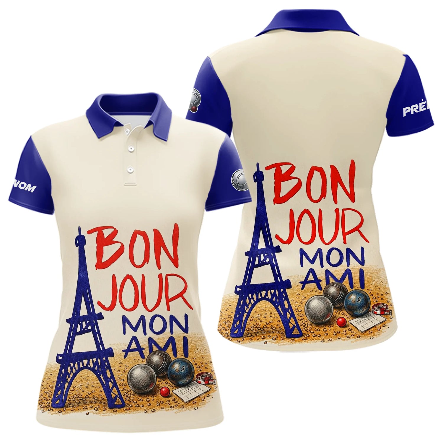Polo Pétanque Personnalisé - Bleu & Crème Eiffel - Polo Femme