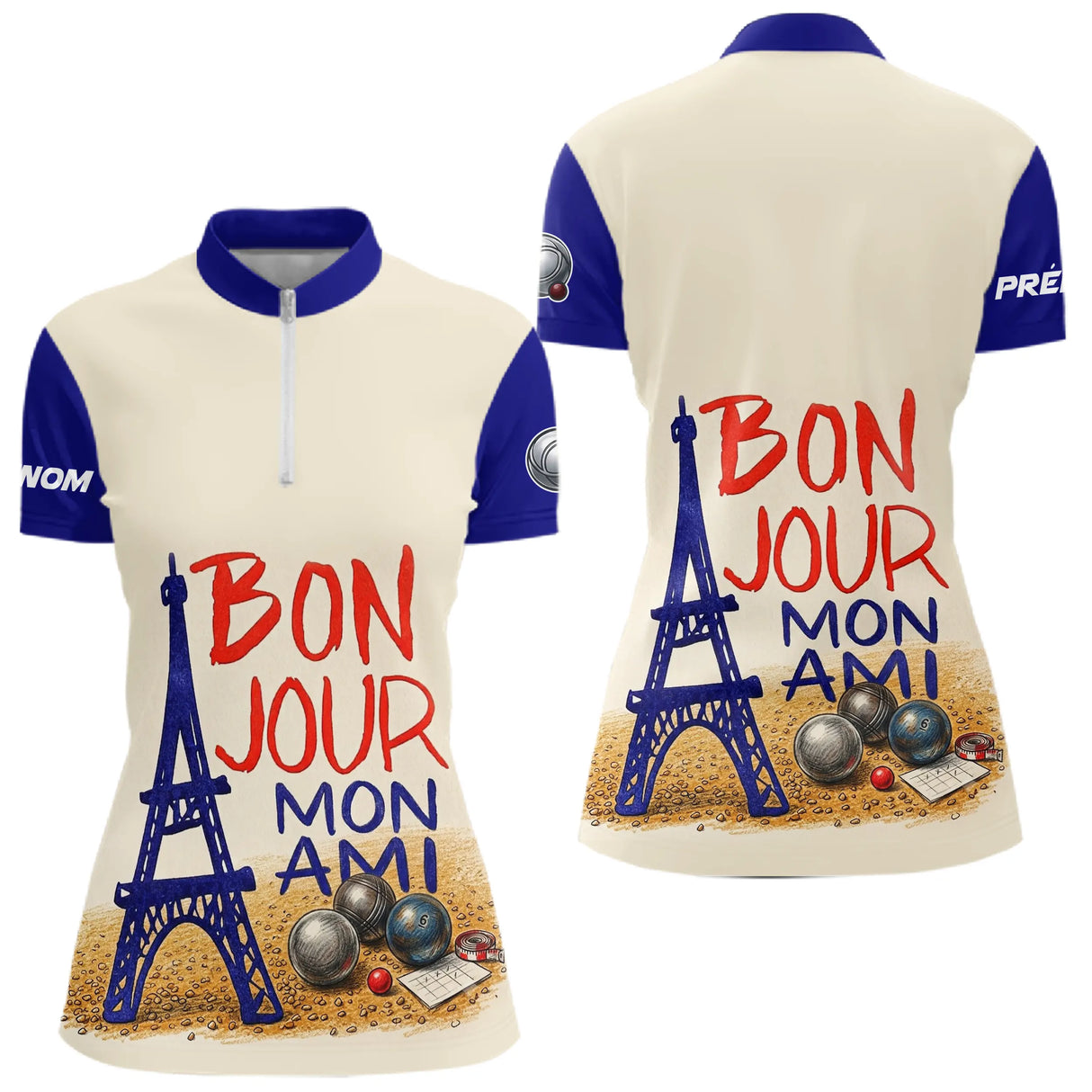 Polo Pétanque Personnalisé - Bleu & Crème Eiffel - Polo Zippé Femme