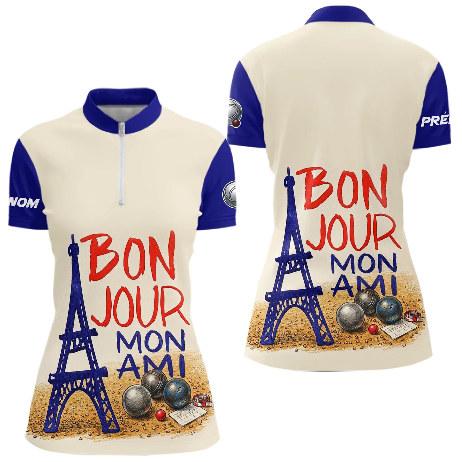 Polo Pétanque Personnalisé - Bleu & Crème Eiffel - Polo Zippé Femme