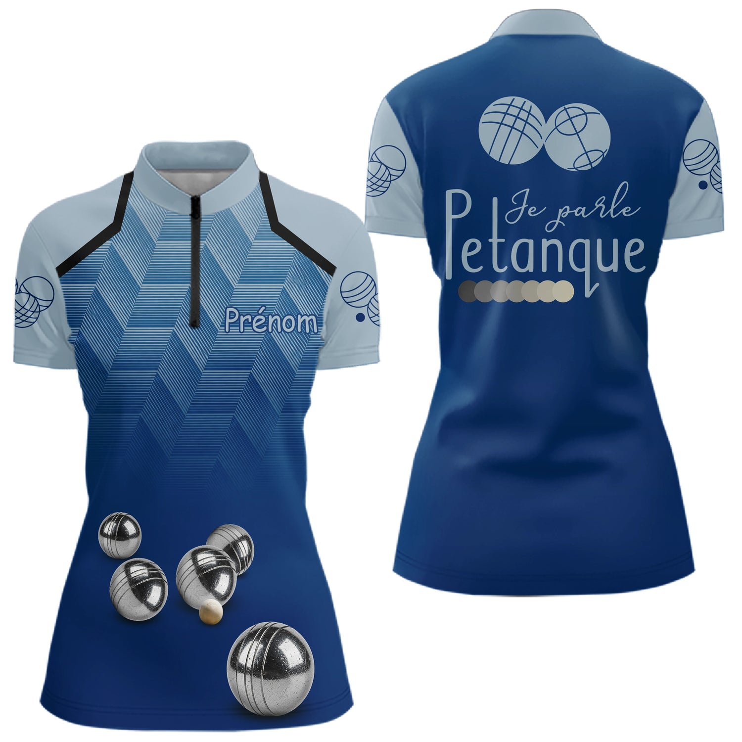 Polo Pétanque Personnalisé - Bleu Gris Je Parle - Polo Zippé Femme