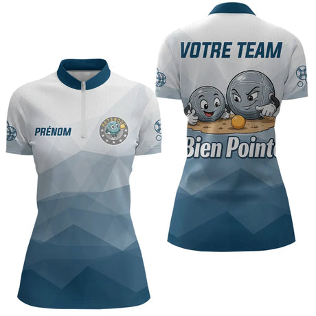 Polo Pétanque Personnalisé - Bleu & Gris Votre Team - Polo Zippé Femme