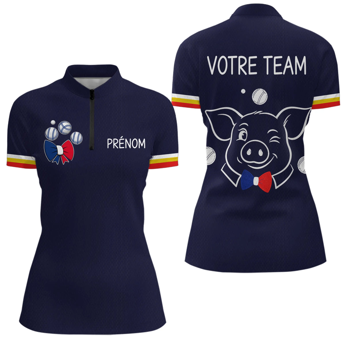 Polo Pétanque Personnalisé - Bleu Marine Cochonnet - Polo Zippé Femme