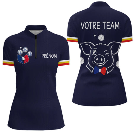 Polo Pétanque Personnalisé - Bleu Marine Cochonnet - Polo Zippé Femme