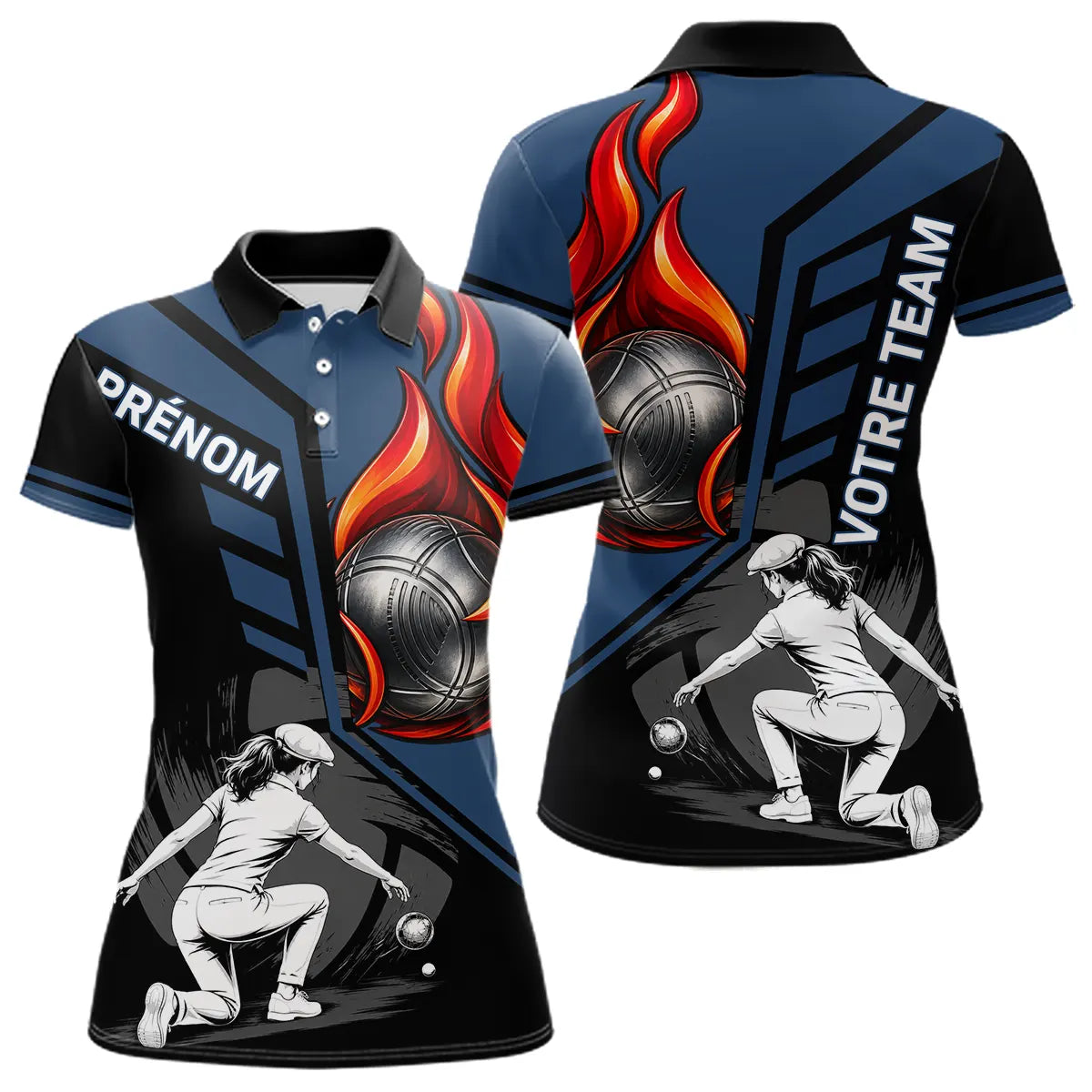 Polo Pétanque Personnalisé - Bleu & Noir Boules Flammes - Polo Femme