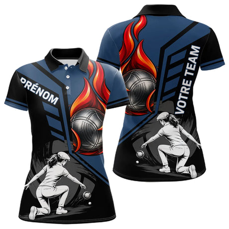 Polo Pétanque Personnalisé - Bleu & Noir Boules Flammes - Polo Femme
