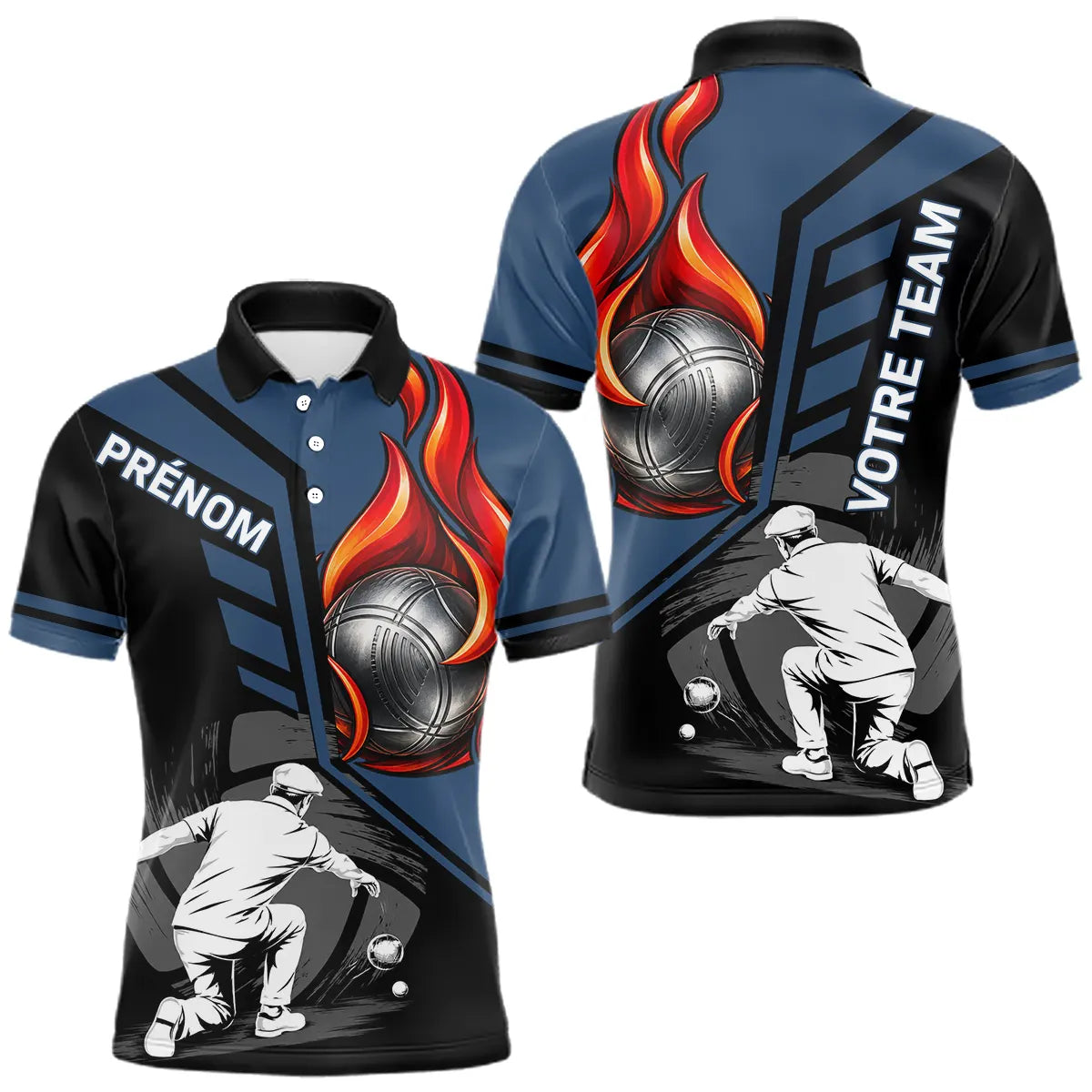 Polo Pétanque Personnalisé - Bleu & Noir Boules Flammes - Polo Homme