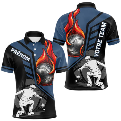 Polo Pétanque Personnalisé - Bleu & Noir Boules Flammes - Polo Homme