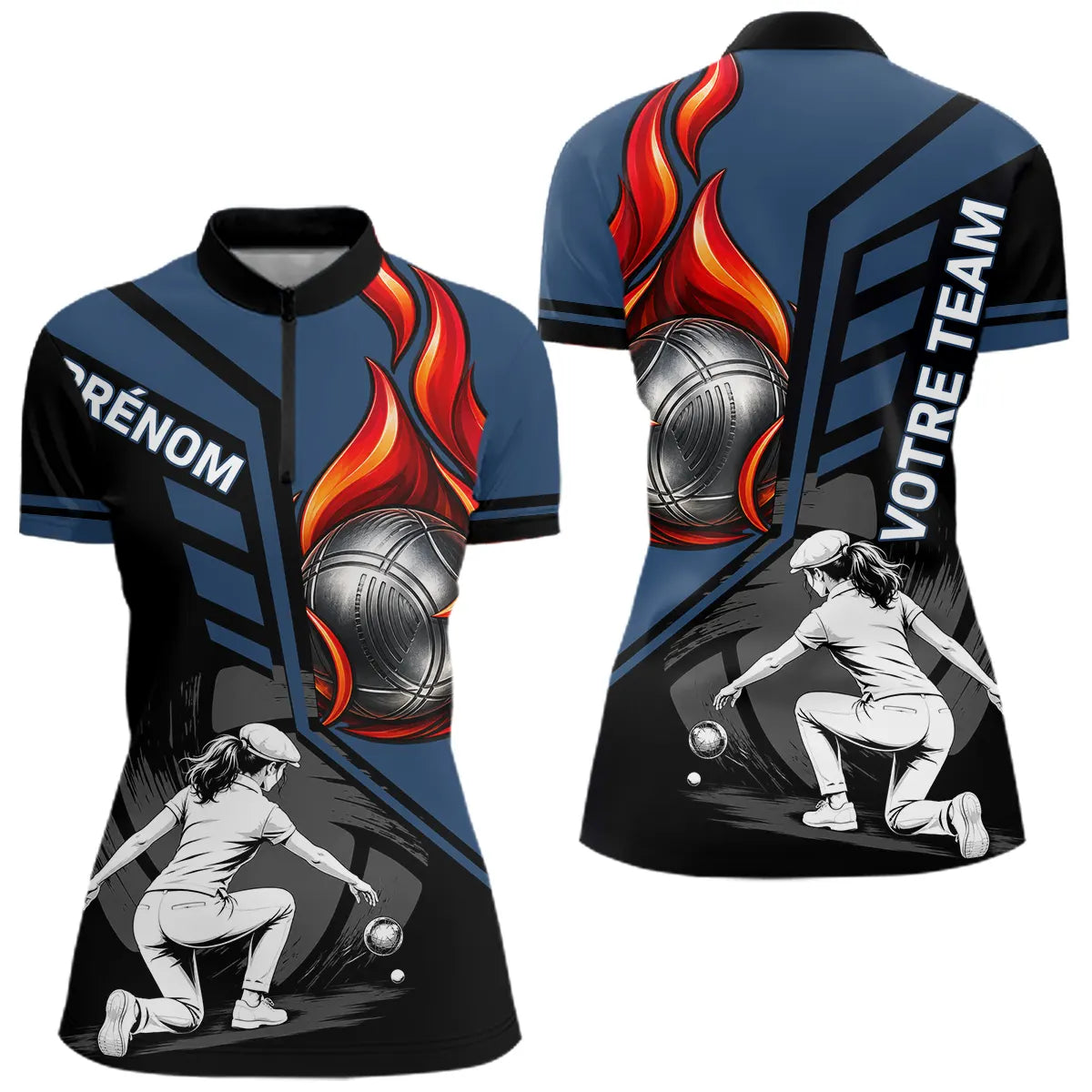 Polo Pétanque Personnalisé - Bleu & Noir Boules Flammes - Polo Zippé Femme