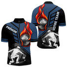 Polo Pétanque Personnalisé - Bleu & Noir Boules Flammes - Polo Zippé Homme