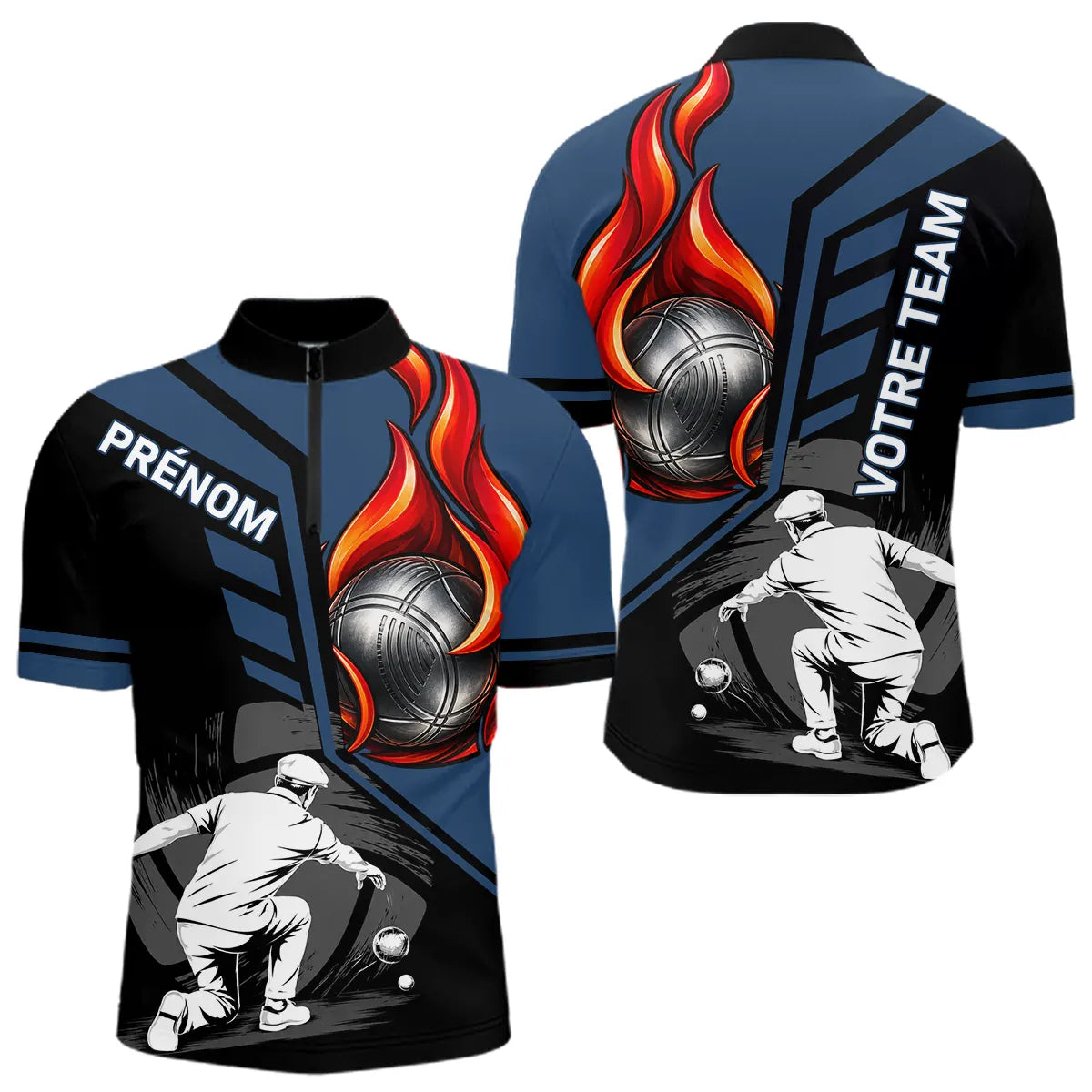 Polo Pétanque Personnalisé - Bleu & Noir Boules Flammes - Polo Zippé Homme