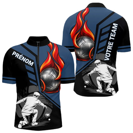 Polo Pétanque Personnalisé - Bleu & Noir Boules Flammes - Polo Zippé Homme