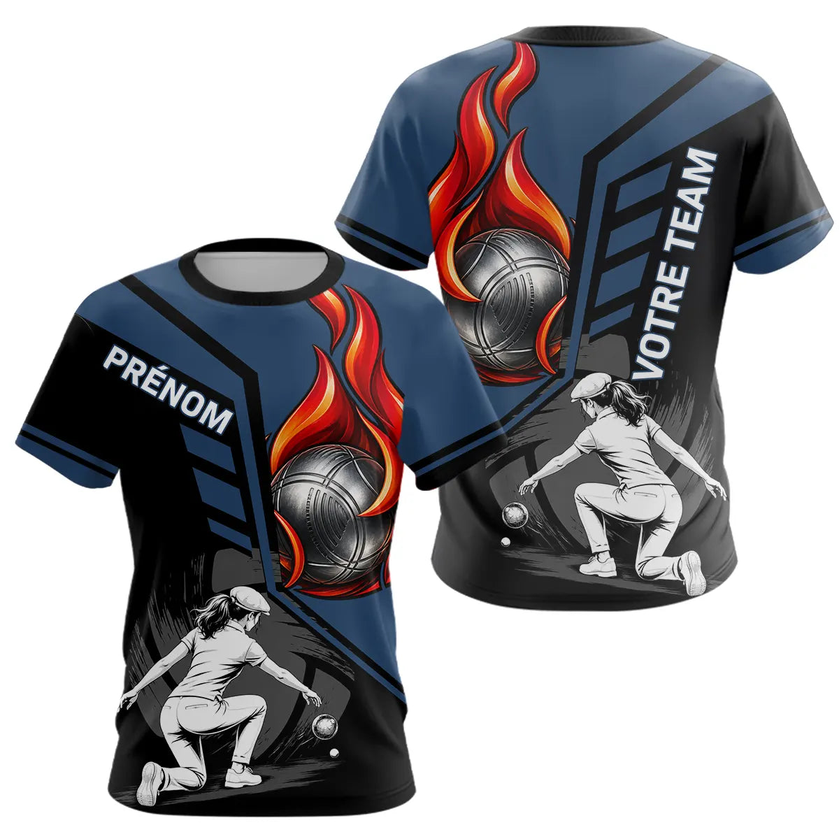 Polo Pétanque Personnalisé - Bleu & Noir Boules Flammes - T-Shirt Femme