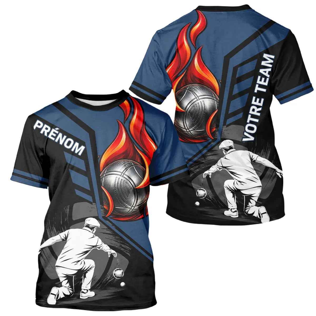 Polo Pétanque Personnalisé - Bleu & Noir Boules Flammes - T-Shirt Homme
