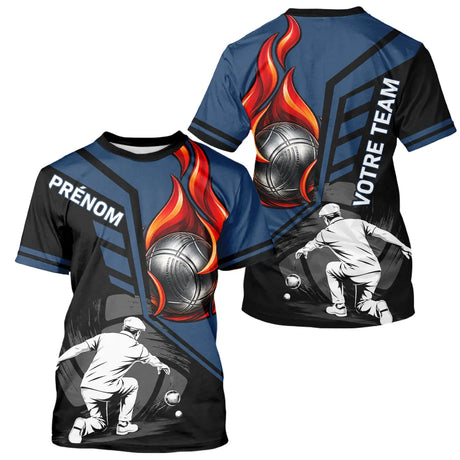 Polo Pétanque Personnalisé - Bleu & Noir Boules Flammes - T-Shirt Homme