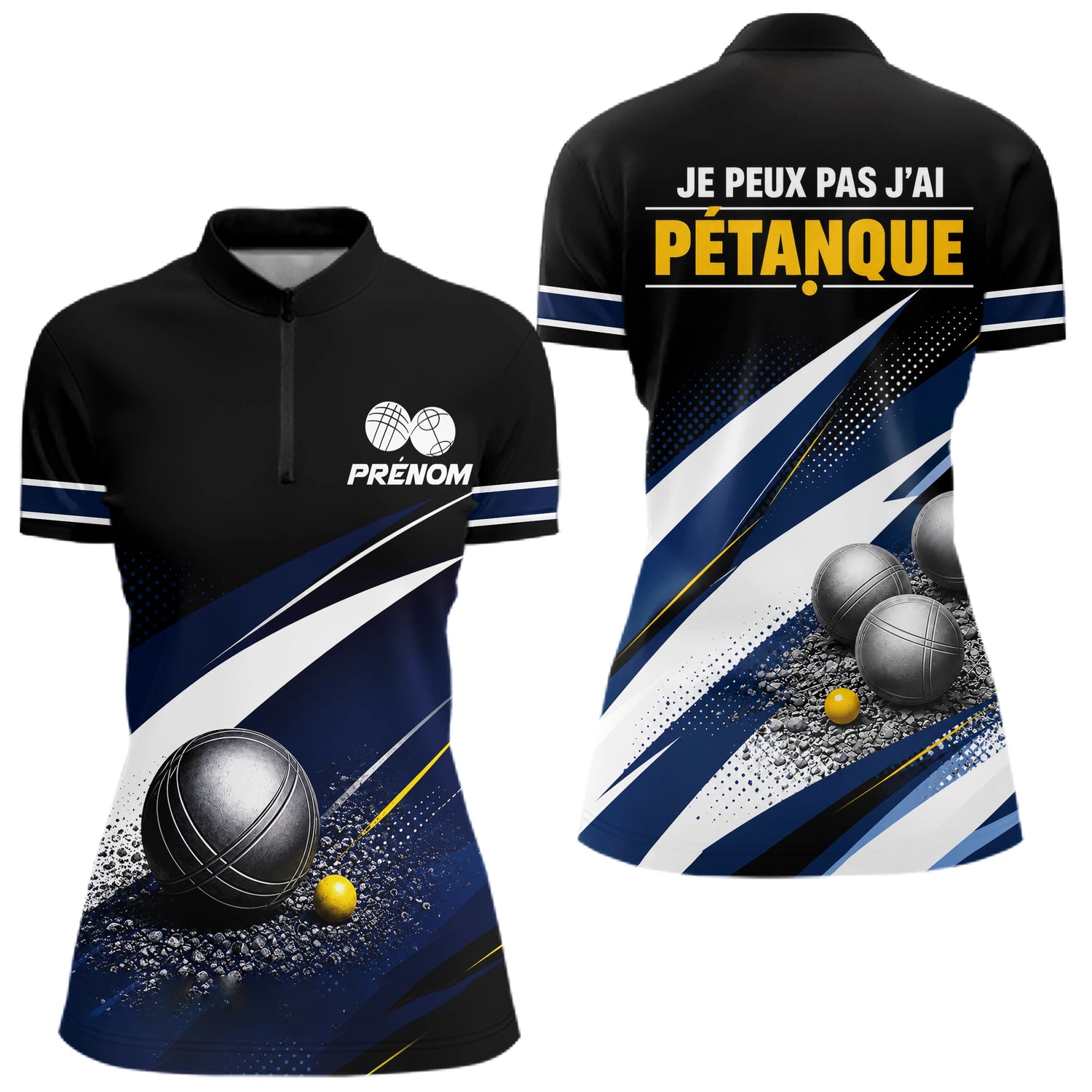 Polo Pétanque Personnalisé - Bleu & Noir Humoristique - Polo Zippé Femme