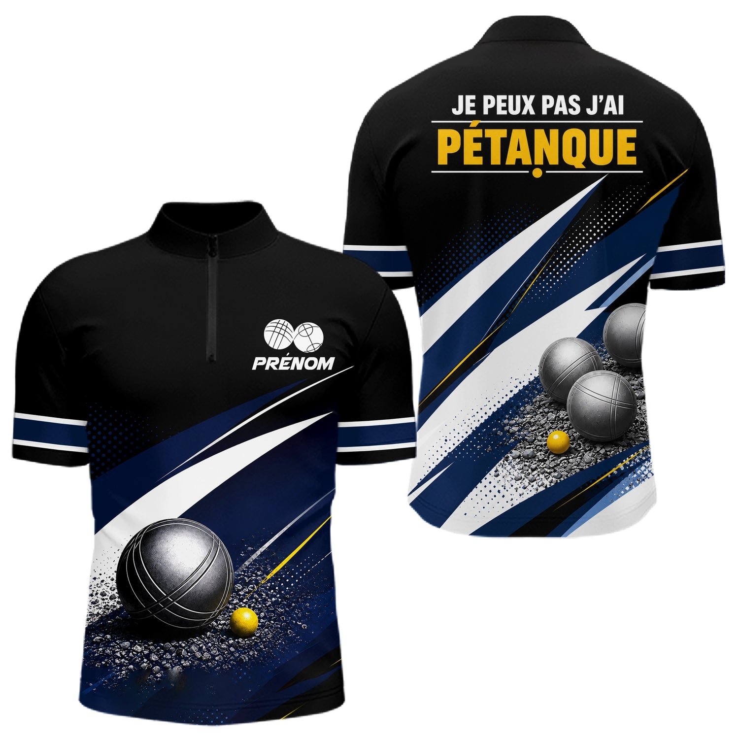 Polo Pétanque Personnalisé - Bleu & Noir Humoristique - Polo Zippé Homme