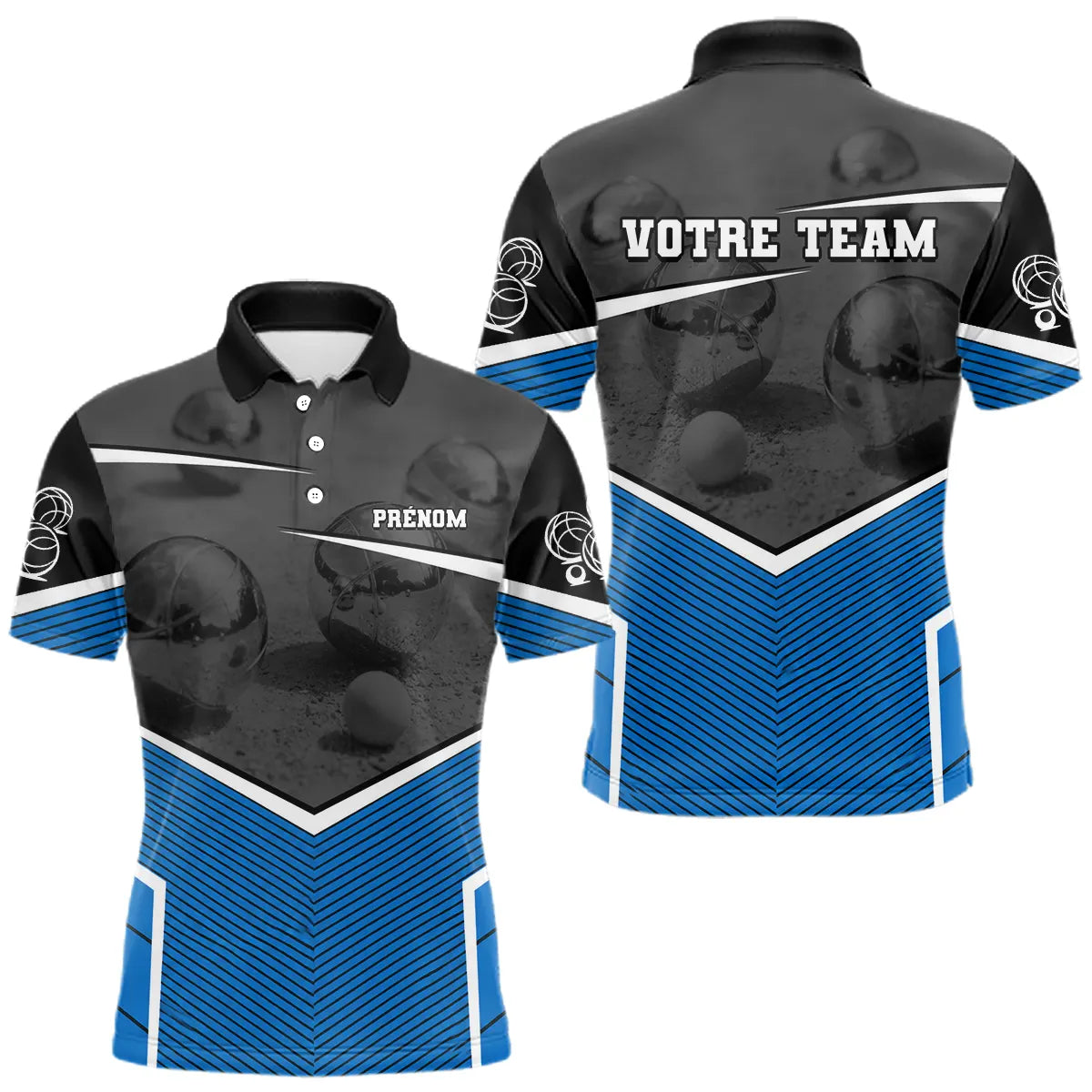 Polo Pétanque Personnalisé - Bleu & Noir Votre Team - Polo Homme