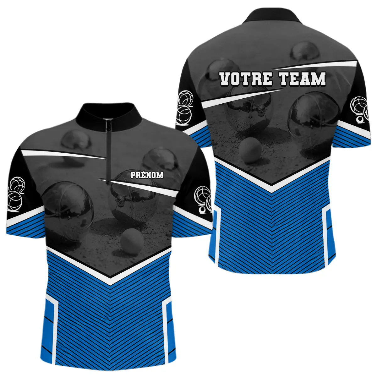 Polo Pétanque Personnalisé - Bleu & Noir Votre Team - Polo Zippé Homme