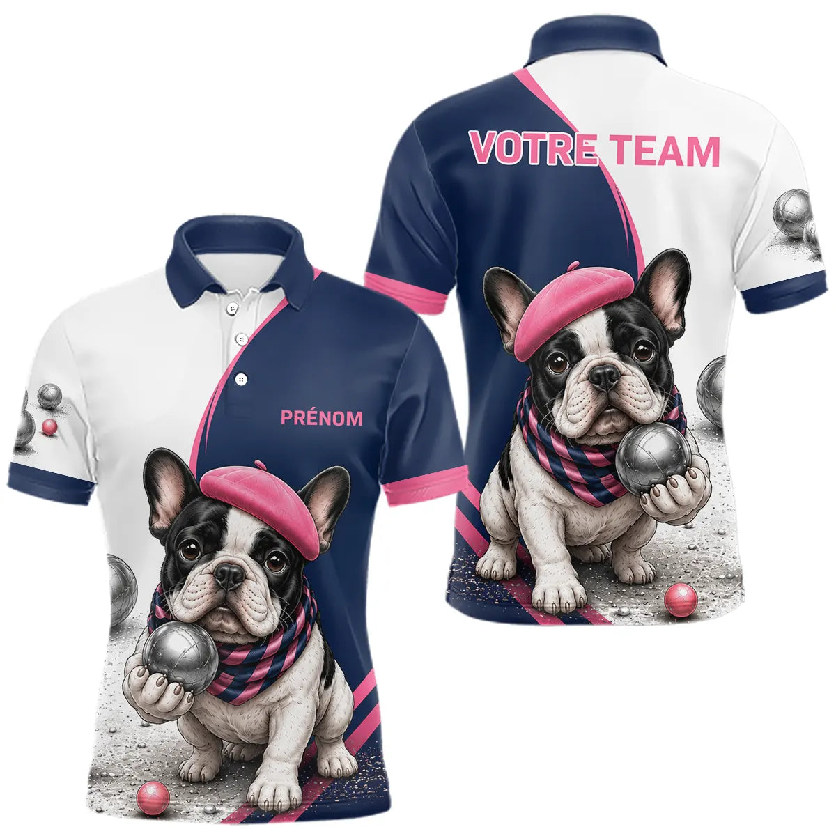 Polo Pétanque Personnalisé - Bouledogue Bleu & Rose - Polo Homme