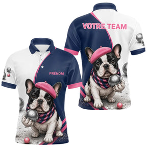 Polo Pétanque Personnalisé - Bouledogue Bleu & Rose - Polo Homme