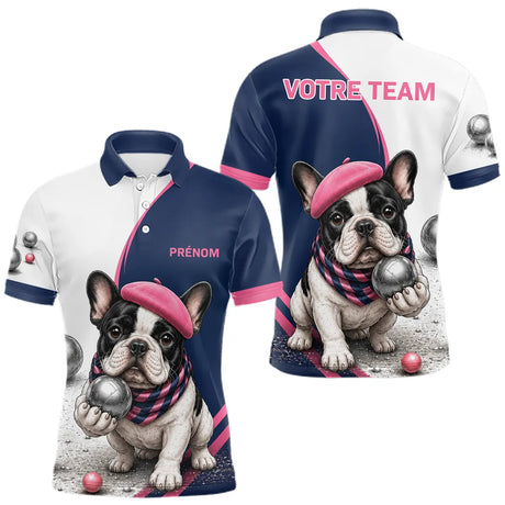 Polo Pétanque Personnalisé - Bouledogue Bleu & Rose - Polo Homme