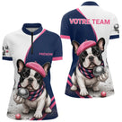 Polo Pétanque Personnalisé - Bouledogue Bleu & Rose - Polo Zippé Femme