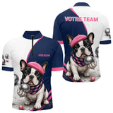 Polo Pétanque Personnalisé - Bouledogue Bleu & Rose - Polo Zippé Homme