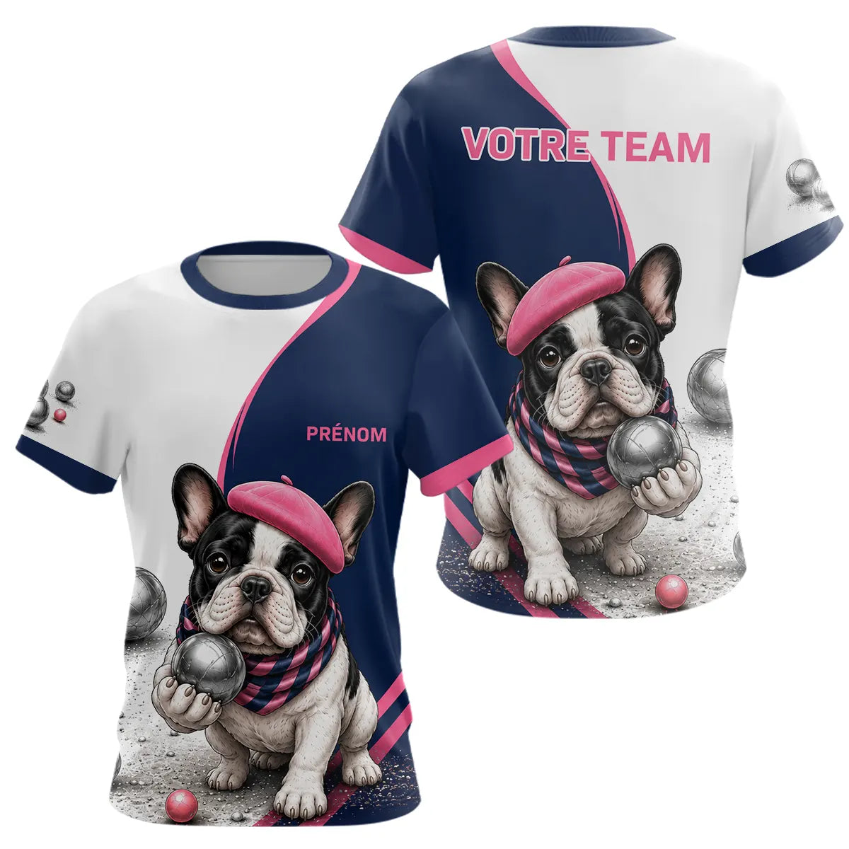 Polo Pétanque Personnalisé - Bouledogue Bleu & Rose - T-Shirt Femme