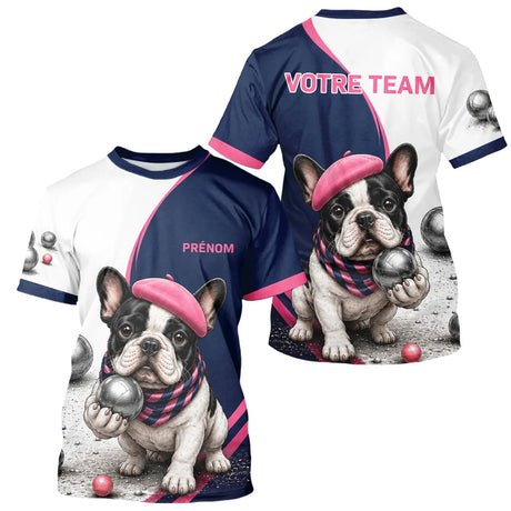Polo Pétanque Personnalisé - Bouledogue Bleu & Rose - T-Shirt Homme