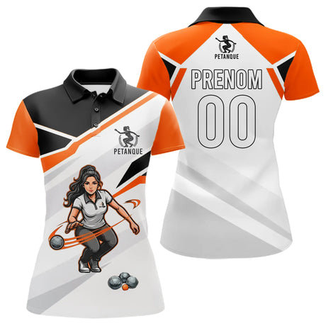 Polo Pétanque Personnalisé - Boules Joueur Orange & Noir - Polo Femme