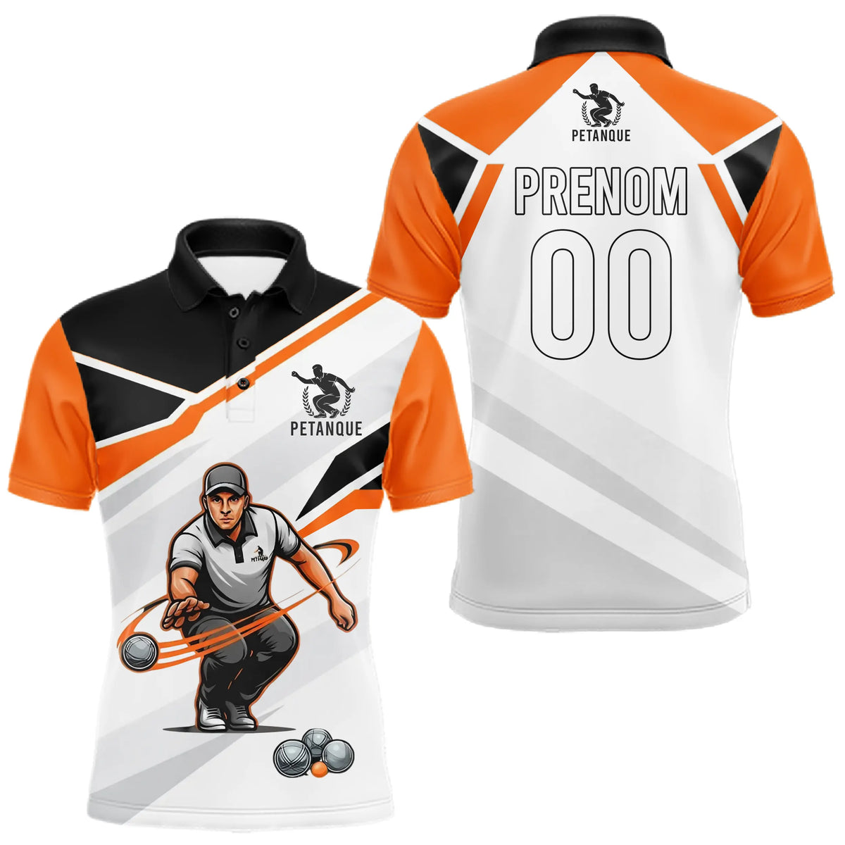 Polo Pétanque Personnalisé - Boules Joueur Orange & Noir - Polo Homme