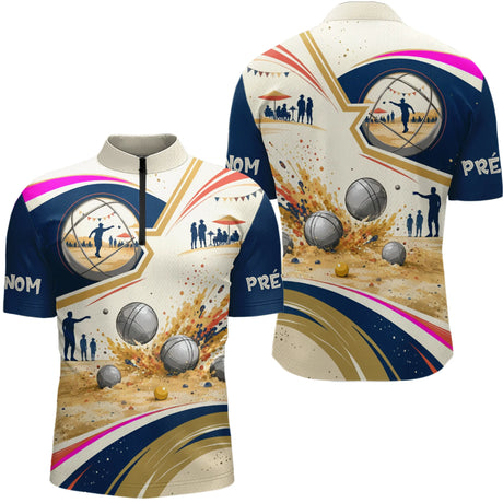 Polo Pétanque Personnalisé - Bouliste Bleu Sable - Polo Zippé Homme