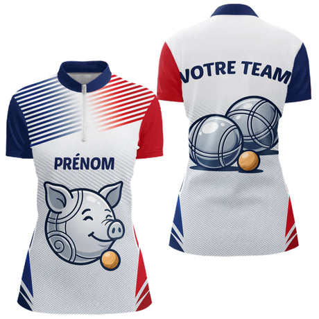 Polo Pétanque Personnalisé - Cochonnet Bleu Blanc Rouge - Polo Zippé Femme