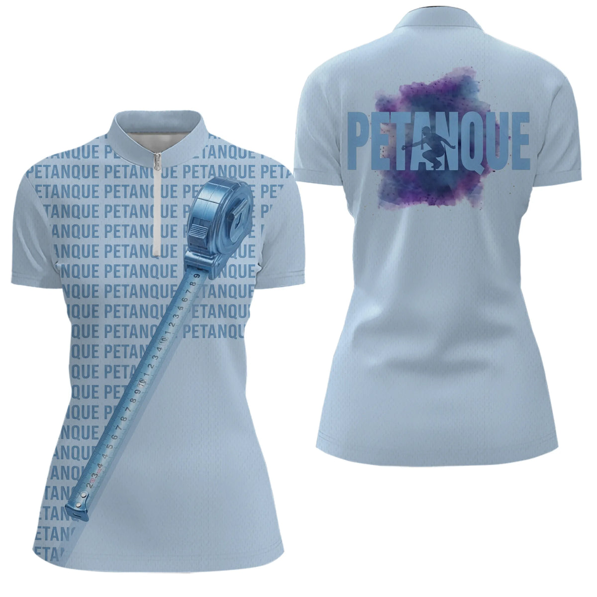 Polo Pétanque Personnalisé - Design Bleu Tendance Mètre - Polo Zippé Femme